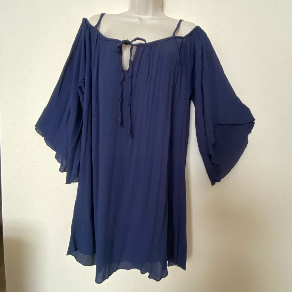 NAVY BLUE COLD SHOULDER  BELL SLEEVE FLARE MIDI GAUZE DRESS